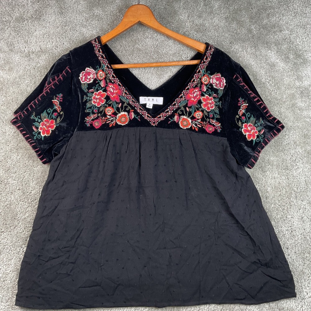 THML Black Embroidered Velvet Yoke Floral Top